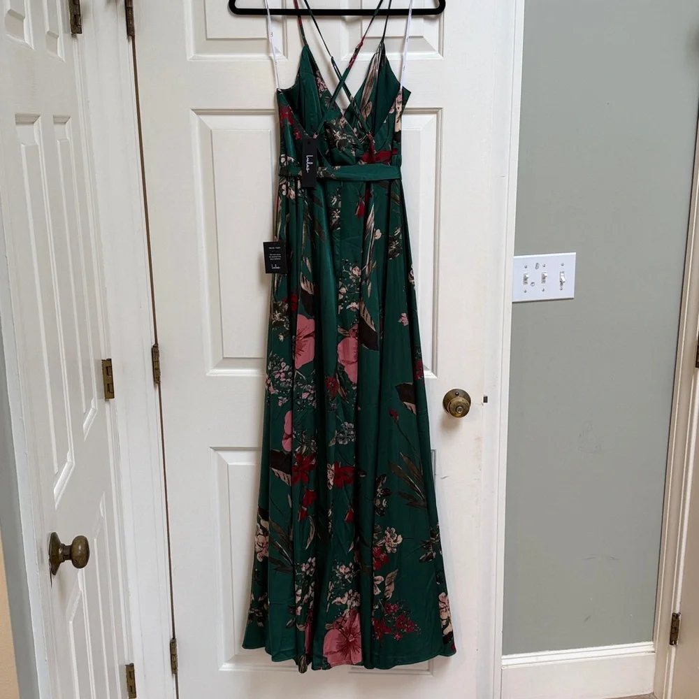 NWT Lulu’s Green Floral Satin Wrap Style Maxi Dress Sz L - Picture 5 of 10